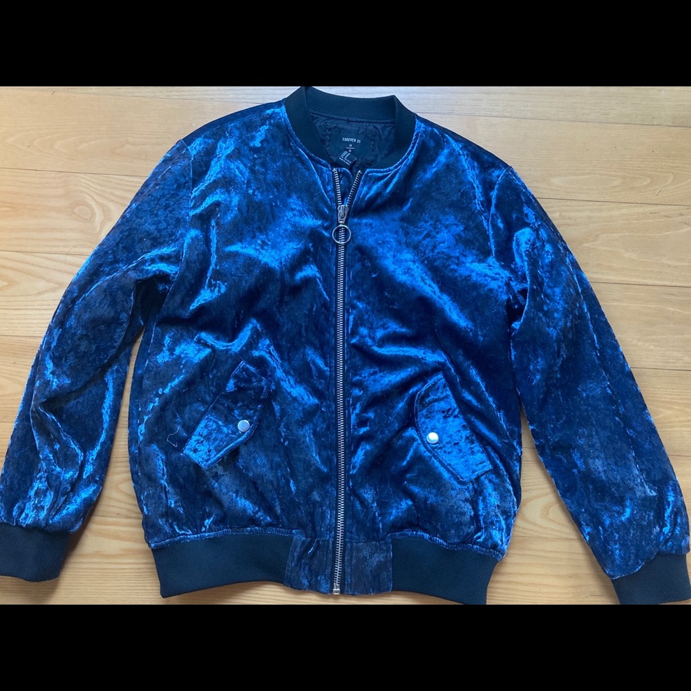 Velour velvet blue bomber zip jacket medium (m)